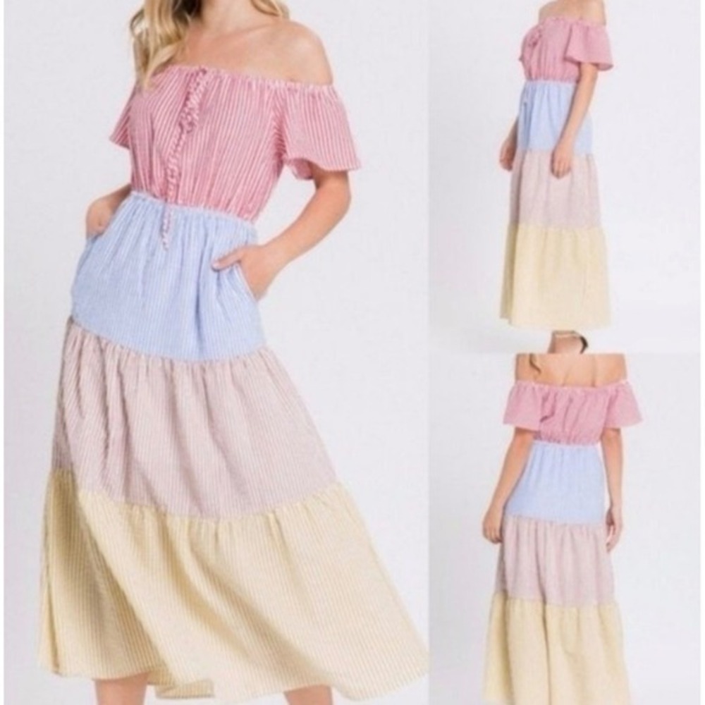 Urban Outfitters Seersucker Color Blocked Midi Dress Cottagecore Size XS - Picture 1 of 13